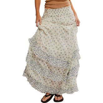 Free People Brynn Mixed Floral Tiered Cotton Blend Maxi Skirt in Ivory Combo- Ditsy at Nordstrom Rack, Size X-Small
