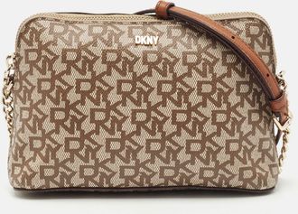 DKNY Dkny Beige/brown Monogram Coated Canvas And Leather Crossbody Bag