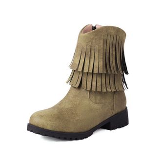 Generic Womens Mid Calf Boots Double Layer Fringe Faux Suede Upper Round Toe Low Block Heel Lug Sole Side Zip Closure Soft Lining Cushioned Insole Anti Slip,G