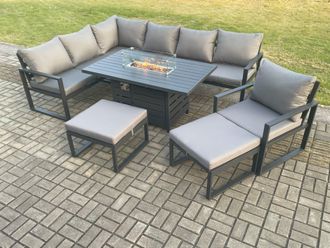 Fimous Aluminium Patio Outdoor Garden Furniture Corner Sofa Set Gas Fire Pit Dining Table with Chair 2 Big Footstools Dark Grey