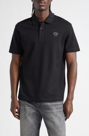 Versace Metallic Greca Collar Piqu&eacute; Polo in Black Black at Nordstrom, Size Xx-Large