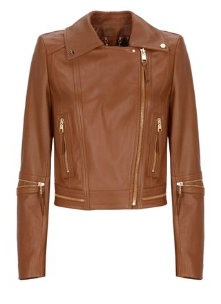 Elisabetta Franchi Cropped Brown Leather Jacket with Decorative Gold Zippers