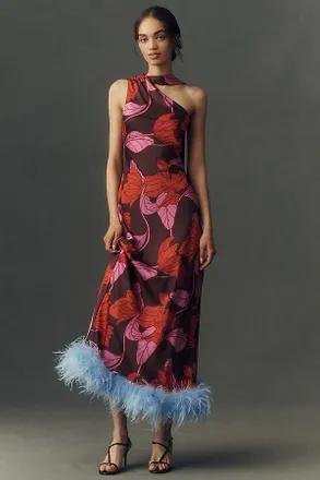 Hutch One-Shoulder Faux-Feather Trim Maxi Dress