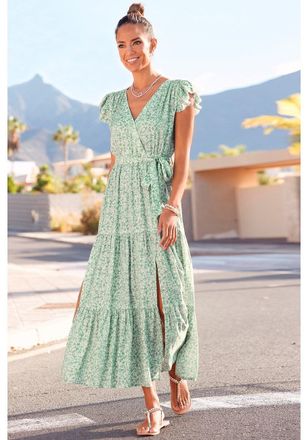 Lascana Flutter Sleeve Maxi Dress Green Patterned