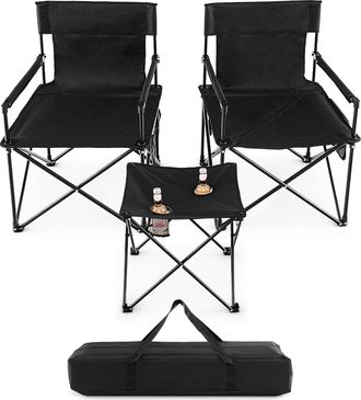 Costway Juego De Sillas Camping Plegable Y Mesa, 2 Sillas Camping Port&aacute;til Y Mesa Auxiliar Con 2 Portavasos, Bolsa De Transporte, Pesca, Picnic, Barbacoa, Neg
