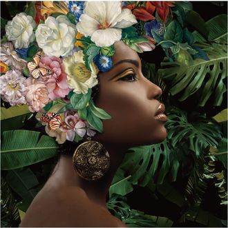 Schubiger M&ouml;bel Digitaldruck auf Glas Schwarze Sch&ouml;nheit mit Blumenper&uuml;cke i