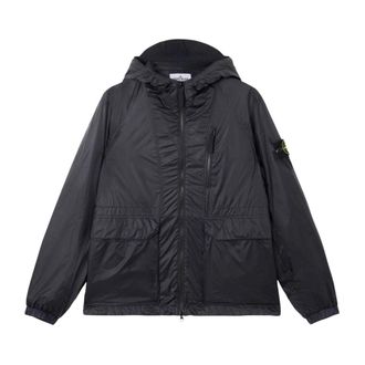 Stone Island Light Jackets, male, Black, Size: 2XL Hooded Ripstop Jacket