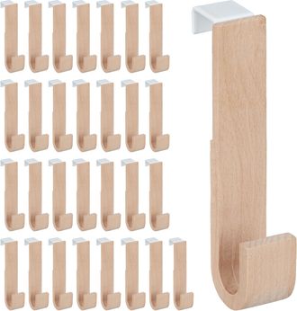 Relaxdays Ganchos Puerta Set 30 Madera Y Hierro, Chaquetas, Toallas, Colgadores Pasillo, 13x2,5x6 Cm, Blanco Y Natural