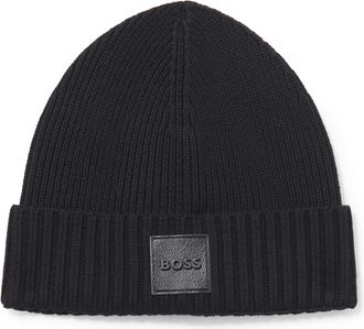 HUGO BOSS Mens Flavio Ribbed Beanie, Black