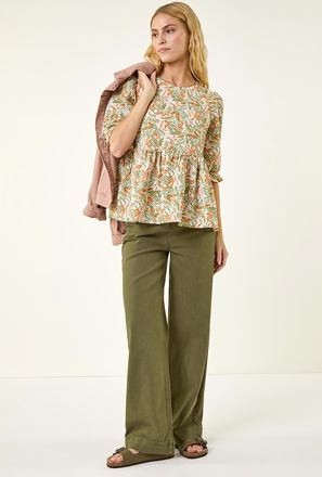 Roman Leaf Print Textured Stretch Top