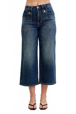 Judy Blue Wide Crop Utility & Patch Pocket Jeans In Blue