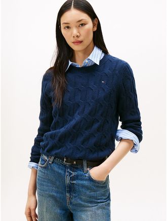 Tommy Hilfiger Womens Wool Cable Knit Sweater - Blue - L