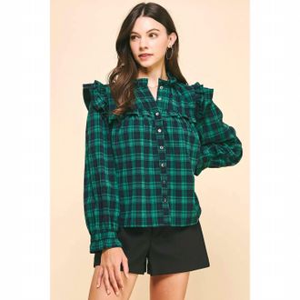 Pinch Design Ruffle Plaid Blouse In Green