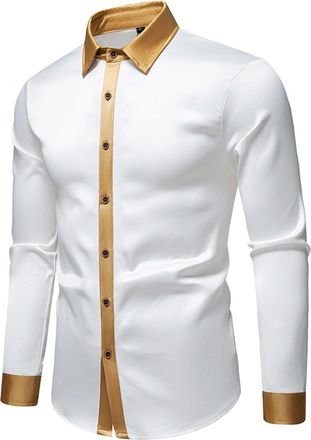 Generic Long Sleeve Shirts for Men Satin Silk Shirt Shiny Untucked Business Dress T-Shirt Blouse Party Disco Formal Tops 2025 Camisa Hombre(White, XXL)