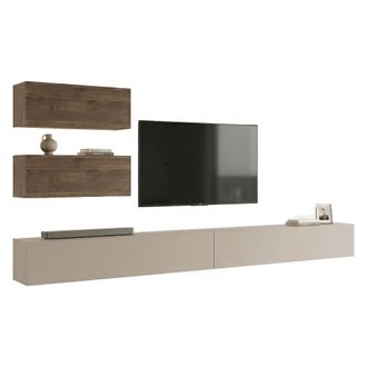 Dmora Parede Modular Suisio, Mueble Sala 4 Estantes, Personalizable, Puertas Abatibles, Beige