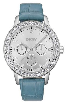 DKNY 316L Leather Strap Watch in Light Blue at Nordstrom Rack