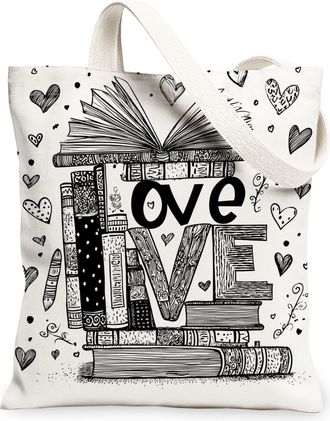 Generic Love Book Canvas Tote Bags, Cute Hearts Literary Design Reusable Grocery Bags, Spring Modern Lightweight Washable Shoulder, White, 13x15 Inch