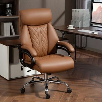 HOMCOM PU Leather Office Chair with Spring Padding, Swivel Wheels in Light Brown