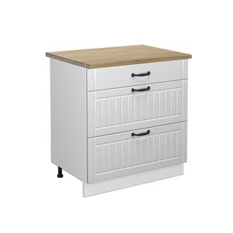 Vicco Mueble Bajo De Cocina Fame-line, Blanco Casa De Campo, 80 Cm Con 3 Cajones, Et Roble