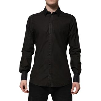 Dolce & Gabbana Black Cotton Jacquard GOLD Collar Dress Mens Shirt