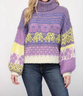 Fate Floral Turtle Neck Fuzzy Sweater In Purple Multi