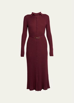 Gabriela Hearst Tenes Cashmere-Silk Rib Belted Midi Polo Dress