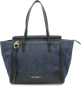 Ferragamo Navy Black Denim Leather Shoulder Bag Tote Bag (Pre-Owned)