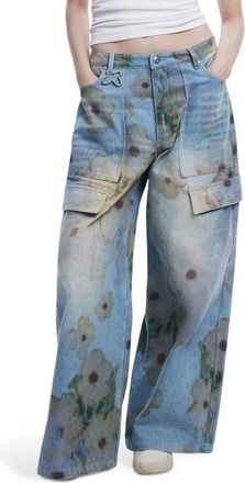 Desigual Flower Print Cargo Jeans in Light Blue at Nordstrom, Size X-Small