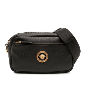 Versace Pre-owned Womens Grained Calfskin La Medusa Convertible Camera Bag - Black Leather - One Size