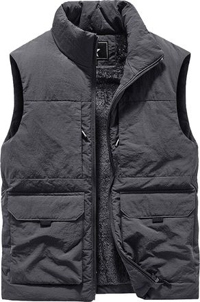 Feoya Mens Fleece Lined Gilet with Zip Pockets Warm Multi Pocket Fishing Vest Winter Thick Fleece Body Warmer for Men UK Stand Collar Waterproof Sleeveless 
