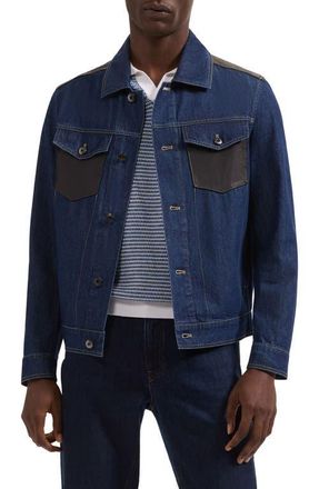 Bugatchi Leather Trim Denim Trucker Jacket in Navy at Nordstrom, Size Xx-Large