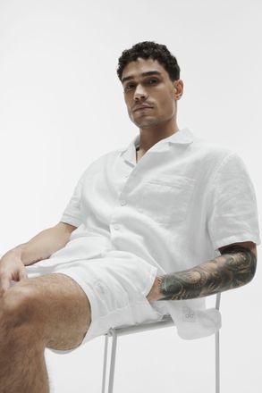 Alo | Linen Days Short Sleeve Button Up Top in White, Size: Medium
