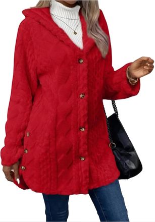 Generic Womens Fuzzy Fleece Hooded Cardigan Jacket, Button Down Open Front Jacquard Sweater Coat, Long Sleeve (UK, Alpha, XXL, Regular, Regular, k)