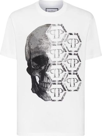 Philipp Plein T-shirt Ronde Hals Skull and Plein - Heren - T-shirts - Wit - 4XL - Katoen - Tops