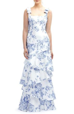 The Dessy Group Floral Print Ruffle Tie Strap Gown in Cottage Rose-Larkspur Print at Nordstrom, Size 10