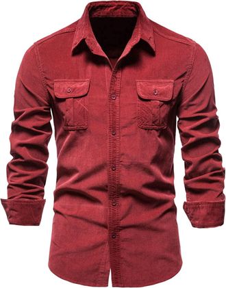 Generic Mens Dress Shirt Corduroy Work Shirts Slim Fit Long Sleeve Button Down Shirts with Pocket Breathable Tactical Shirt Formal Stretch Wrinkle-Free Casual
