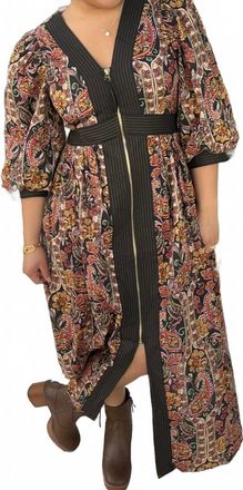 Entro Paisley Zip Front Midi Dress In Black & Jewel Tone