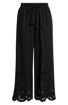 Treasure & Bond Cutwork Hem Linen Blend Pull-On Pants in Black at Nordstrom, Size Xx-Small