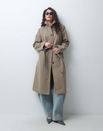 Pieces cappotto lungo elegante effetto lana con cintura da annodare, beige m&eacute;lange-Neutro