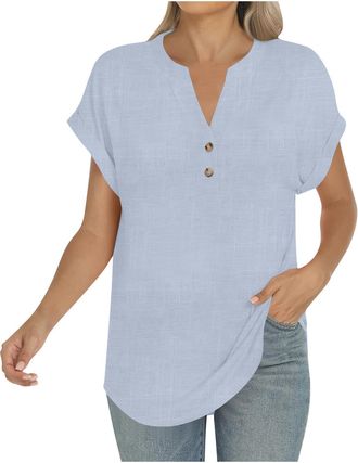 Generic Linen Tops For Women UK Button Up Short Sleeve V Neck Tops Dressy Casual Hawaiian Shirts Cotton Linen Workout Holiday Tunic Blouses Loose Floral Boho 