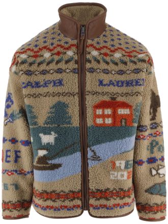 Polo Ralph Lauren Panoramic Print Leather Trimmed Fleece Jacket
