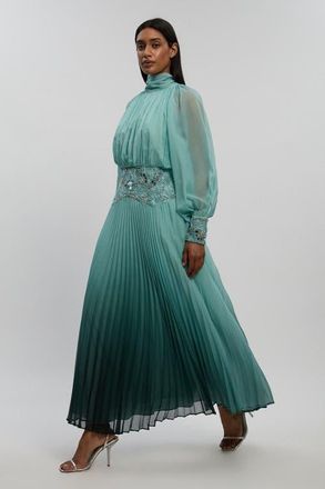 Karen Millen Long Sleeve High Neck Pleated Maxi Dress in Green at Nordstrom, Size 10