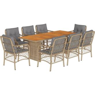 vidaXL Set Comedor De Jard&iacute;n 9 Pzas Con Cojines Rat&aacute;n Sint&eacute;tico Beige Vidaxl