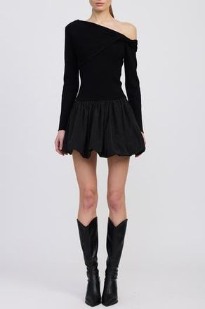 En Saison Romilla One-Shoulder Mixed Media Minidress in Black at Nordstrom Rack, Size X-Small