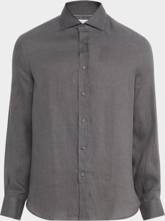 Brunello Cucinelli Mens Linen and Cotton Band Collar Button-Down Shirt