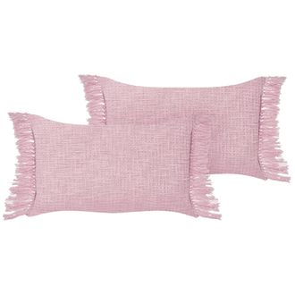 Beliani Conjunto De 2 Cojines De Algod&oacute;n Con Flecos Textiles Sala De Estar 40 X 60 Cm Rosa Tansy