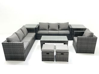 Fimous Rattan Garden Furniture Set Outdoor 9 Seater Patio Conversation Sets with Glass Top Coffee Table Stool 2 Side Tables in Dark Grey