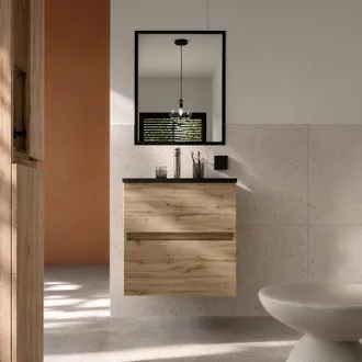 Aurlane Mueble De Ba&ntilde;o 50 Acabado Roble 2 Cajones Lavabo Negro Y Espejo 50x70cm