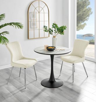 Furniturebox Elina White Marble Effect Scratch Resistant Dining Table & 2 Nora Silver Leg Velvet Chairs in Cream
