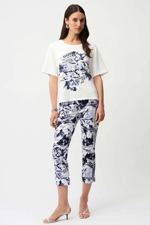 Joseph Ribkoff Front Print Straight T-Shirt With Rhinestones In White